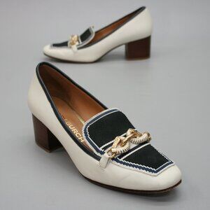 Tory Burch Ladies 9.5 Jessa White Calf Circular Blue Knit Horse Bit Pumps Heels
